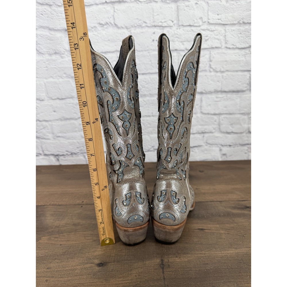 J.B. Dillon Bellflower Women's 8B Silver Leather Western Boots Blue Rhinestone - Picture 6 of 15